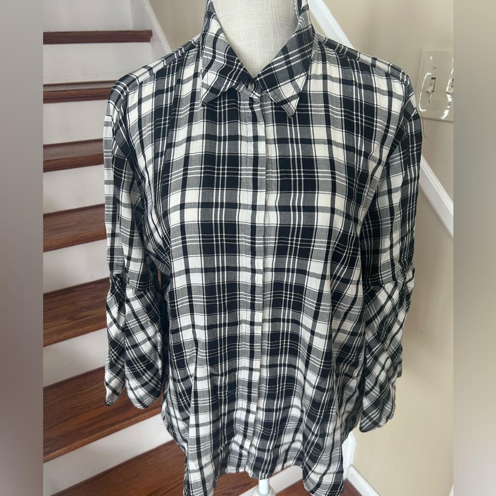 Lauren Ralph Lauren Black White Plaid Button Up Shirt 3/4 Bell Sleeves Size XL